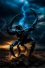 Placeholder: Black emperor Scorpio emblem on a burning landscape background With its Tail curled up behind his back ready to strike and from claws grasping under a storming sky with blue lightening striking around it