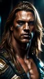 Placeholder: portrait of a 35 year old Handsome muscular mercenary with light bronze skin and long hair. dark science fiction. photorealistic