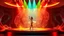 Placeholder: modern stage with artistic decoration , color full dynamic lighting, a beautiful lady in modern clothing dancing, 3D recursive fractal structure animating background