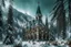 Placeholder: medieval cathedral in the snow covered mountain forest