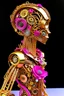 Placeholder: "AI, the Universe, and Everything"; is a pink gold metallic robot wearing a designer suit decorated with quilling found in nature such as feathers, foliage, flowers, and shells; Abstract art; Mixed Media; quilling