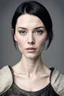 Placeholder: Scandinavian medieval 30 year old woman with black short hair, pale skin, pretty lips, muscular