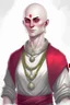 Placeholder: full length, gangly, 22-year old, shaved head, nordic looking grey-eyed female human cleric with a red necklace