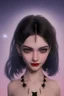 Placeholder: girl's face, blue eyes, arched eyebrows, black hair, strands hanging down on both sides, a star-shaped chain on her forehead, smiling, red lips. The setting sun is reflected in his eyes.