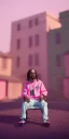 Placeholder: Snoop dogg, sitting. a chair. pink houses, pink sky, pink smoke, trees, outdoors. Groove street. 28mm