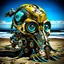 Placeholder: . Robot skull with bird on top of the head. Front view. Fractal