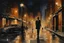 Placeholder: Create a watercolor painting capturing a late-night scene on a dimly lit street. The focus is on a man dressed in an elegantly tailored suit, walking with poise and a sense of purpose. His figure is partially illuminated by the soft glow of distant street lamps, casting long shadows on the wet pavement beneath his feet. The street is otherwise shrouded in the deep blues and blacks of the night, with a hint of mist adding to the atmosphere of solitude and introspection.