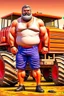 Placeholder: full body of a 50 years old muscular chubby arab farmer shirtless with a very big bulge and hairy under the sun near a tractor hyper-realistic