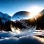 Placeholder: Frozen bubble in front of a snowy mountain landscape, the bubble has wonderful icecrystals and the sun is shining, frozen, cold outside, beautiful small ice flowers in front of the bubble