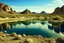 Placeholder: lagoon, rocks, distant mountains, arid land, desert, pond, rocks, distant city, epic