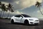 Placeholder: A Tesla 'Model 3' is parked, at the beach of Waikiki in Hawaii. CINEMATIC. WIDE ANGLE LENS. PHOTO REAL.