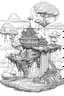 Placeholder: Illustrate a small house on a floating island in the sky. Include waterfalls cascading off the sides and a bridge connecting it to another floating landmass coloring pages for adults ar: 8.5 100