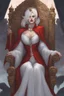 Placeholder: Beautiful white haired Vampire queen on her throne, drawing. Wearing a red cloak with a fur collar