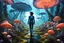 Placeholder: Woman in an Android suit, Walking Through Alien Mushrooms With Jellyfish Tentacles, Floating Through An Alien Forest, Floor and walls Covered In Mushrooms, Photorealistic, Deep Colour, Intricate Detail, Sunshine, Blue Sky