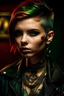 Placeholder: Beautiful young punk woman, , tatoos, Face tatoos, Punk jewels, Dark red short punk hair, leather jacket, chains, realistic, green detailed eyes.
