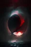 Placeholder: First Quarter of Blood Moon in center surrounded by a black mist, digital art