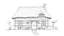 Placeholder: A front elevation fine line drawing of a fantasy wooden cottage reminiscent of the Burrow from Harry Potter
