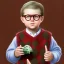 Placeholder: Peter billingsley chubby kid Tortoise-shell glasses, Holding a ((dark red soapbar)) in his hand, brown argyle sweater