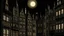 Placeholder: old, brown town with tall, skinny buildings. dark at night with moon in sky. gothic style