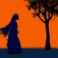 Placeholder: silhouette d'indienne en sari dans un monde en fleurs, concept art, crépuscule , bleu oranger