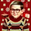 Placeholder: Peter billingsley chubby kid Tortoise-shell glasses, Holding a ((dark red soap bar)) in his hand, brown argyle sweater, Christmas