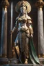 Placeholder: highly detailed marble and jade statue on a plint of the goddess of war. She is clad in plate mail, caries a roman spear in her left hand and a shield in her right hand. stunning body. full body shot, Hyperrealism, breathtaking, ultra realistic, unreal engine, ultra detailed, volumetric fog, cinematic lighting, , stunning temple environment