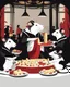 Placeholder: Vector illustration of a (((large rat sitting))) at a banquet table, eating a (((large cheese))), sitting at the same table, (((other rats watching the large rat eat))). White, red and black colors