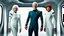 Placeholder: Photorealistic picture of a man in a flight suit with two tall, slender female androids in biosuits, one with red hair and one with white hair, standing on the bridge of a star trek style spaceship.