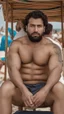 Placeholder: full figure shot photography of a very serious ugly burly muscular strong chubby marocan 32 years old, short beard, shirtless, manly chest, sells colored pareos on a crowded beach, sitting on a beach chair, sunligh, photorealistic, 35mm lens, side light, ambient occlusion