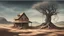 Placeholder: A IMAGE in a surrealistic style, showcasing a mystical landscape with a house, a well, and a dry tree. The distorted perspective and dream-like atmosphere create a sense of mystery and intrigue