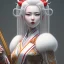 Placeholder: UHD, hd, 8k, hyperrealism, Very detailed, zoomed out view, full character in view, white hair female demon character wearing a hanbok with a white top and long red bottom, she holds a katana in her right hand, she stands in front of a Japanese style palace digital art, anime, full details