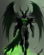 Placeholder: demonio de armadura negra y verde, con alas negras de ángel caminando hacia enfrente
