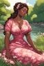 Placeholder: An comic book art illustration of a curvy black cartoon woman sitting relaxed on a sunny riverbank, lush green grass surrounding her. Facing left in profile, she has flowing chestnut hair styled in an elaborate braided twist. complementing the pink floral maxi dress wrapped snugly around her exaggerated curves. One hand touches her cheek lightly as she looks to the distance, brown eyes enhanced by long lashes and purple eyeshadow. Bold brown lips match the brown flowers on her dress