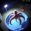 Placeholder: Security cam footage, Absurd. top-down perspective, at night in the light of an outdoor floodlight a bizarre creature that looks like a hairy starfish with a long torso floating in an kiddie plastic pool, vintage colors, glitchy image, background a small fenced in backyard with a swing set and plastic pool