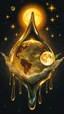 Placeholder: art illustration in the style of Luis Royo, large droplets of viscous and syrupy fluid, burnished jade, planet earth in crystal shape with the golden sun and crystal white transparent moon , and glowing stars in the background with golden yellow, ink black