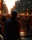 Placeholder: hundreds of non-anatomically correct ,human undead packed tightly together moving through a city street like a glacier, unusual neon lighting, high velocity, 64k, dystopian, vray, photo-realistic, insanely meticulous, highly detailed, part of a collection of zombie horde on display, 64k, dystopian, vray, fire, buildings burining, destruction