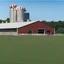 Placeholder: a modern Dairy barn in front of concrete dairy siloes, grass bottom front with a Holstein cow(1).