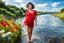 Placeholder: beautiful girl supper model, in nice red top ,blue short pants, with curvy hair,perfect face,perfect eyes,country side wavy narrow river ,wild flowers ,blue sky nice clouds,walk in water with splash