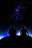 Placeholder: black background on a mountaintop with two silhouettes of a fit man and a silhouette of a fit woman sitting close to each other looking at the stars