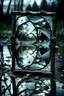 Placeholder: A broken piece of glass old vintage mirror, reflecting its surroundings on the water's surface. The damaged glass creates an interesting visual effect and captures the attention of the viewer, dramatic , weird, thriller, high detalied, realistic