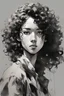 Placeholder: Portrait of a young female with black curly hair, and tan skin color, drawn in Yoji Shinkawa style, black and white with a gray background.