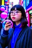 Placeholder: cool girl blowing bubbles on streets of tokyo in the style of hiroku ogai