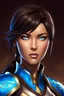Placeholder: Avatar Korra, brown skin, short dark brown hair, blue eyes, woman, light armor, in the art style of Berserk