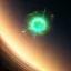 Placeholder: cosmos, metallic sky stars, sky blue light, blue light, green moons with neon rings, 8k resolution, detail