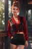 Placeholder: full body ,young woman with clear eyes, messy bun hair, bouncing looking back, soft velvet red/black two piece printed outfit, morning sun, cute, full body, ultra realistic, a variety of small details in the background, hyper realistic, surprised, sweet smile, 8k, HDR, 500px, by Koos Roos