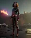 Placeholder: retro sci-fi portrait image from 1960, supermarket parking explosion, fire, black widow, young Scarlett Johansson, tight latex suit, soft color, highly detailed, unreal engine 5, ray tracing, RTX, lumen lighting, ultra detail, volumetric lighting, 3d, finely drawn, high definition, high resolution.