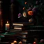 Placeholder: rave on books with flowers and lit candles dark moody art with browns green earthy tones, deep purples, hyper realistic maximalist concept art