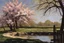 Placeholder: amazing sunny spring day, trees, flowers, fence, little pond, frederic bazille impressionism painting