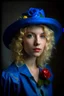 Placeholder: Porträt Fraulachend mit Blonden Locken blauer Bluse und Hut Mit Blumen