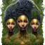 Placeholder: Painting .three women. the faces of three young black women. wood nymphs emerging from the forest. Her hair looks like vines. Dreadlocs. Her skin is the colour of dark soil. Her skin looks like tree bark. Her clothing is made of vines, grass and leaves.